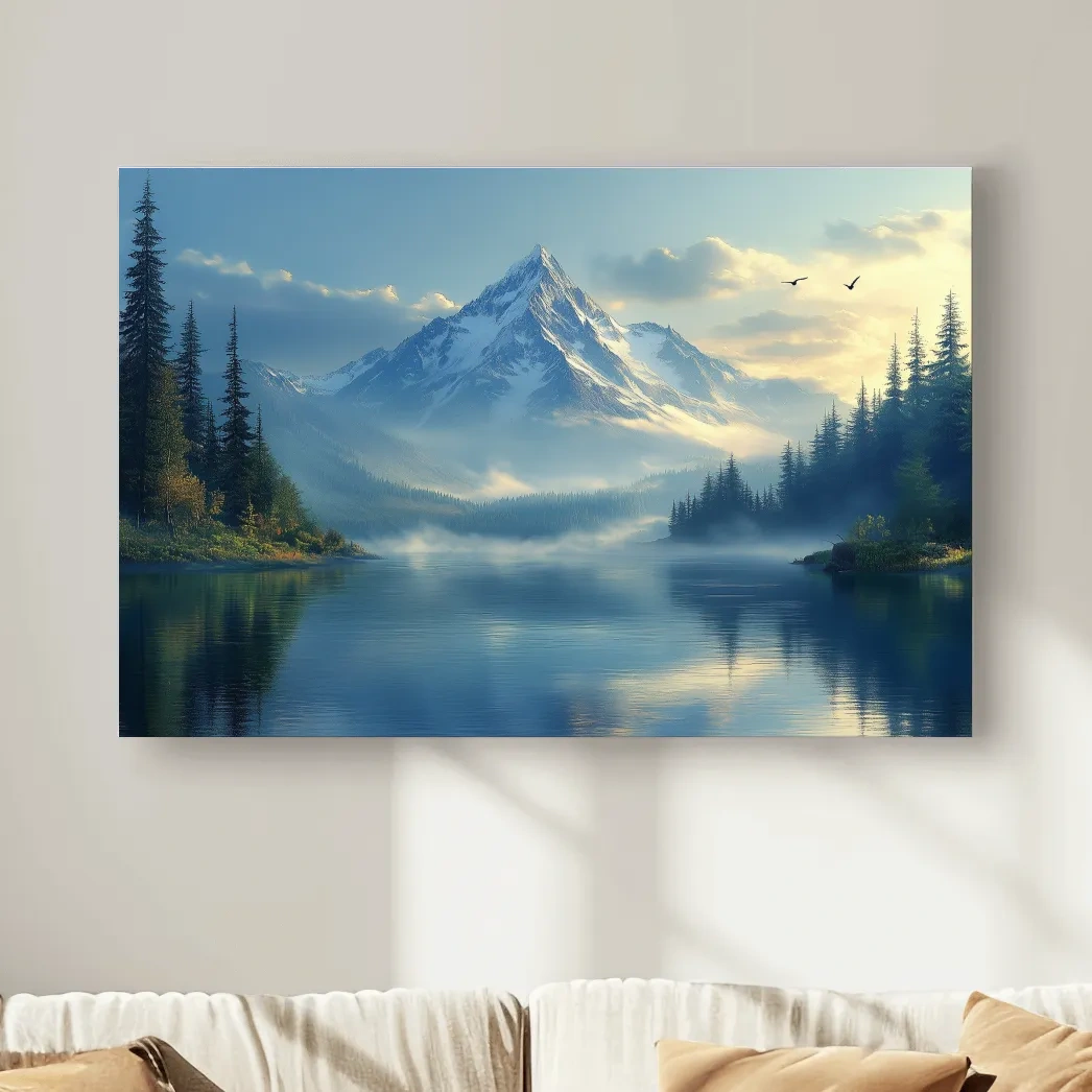 Beautiful misty alpine lake and forest beneath a glacier at sunset, photographic wall art