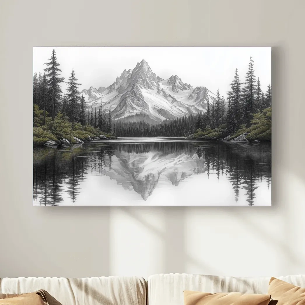 Monochrome Alpine Mountain Lake Reflection Sketch Artwork - Minimalist Forest Landscape Wall Art