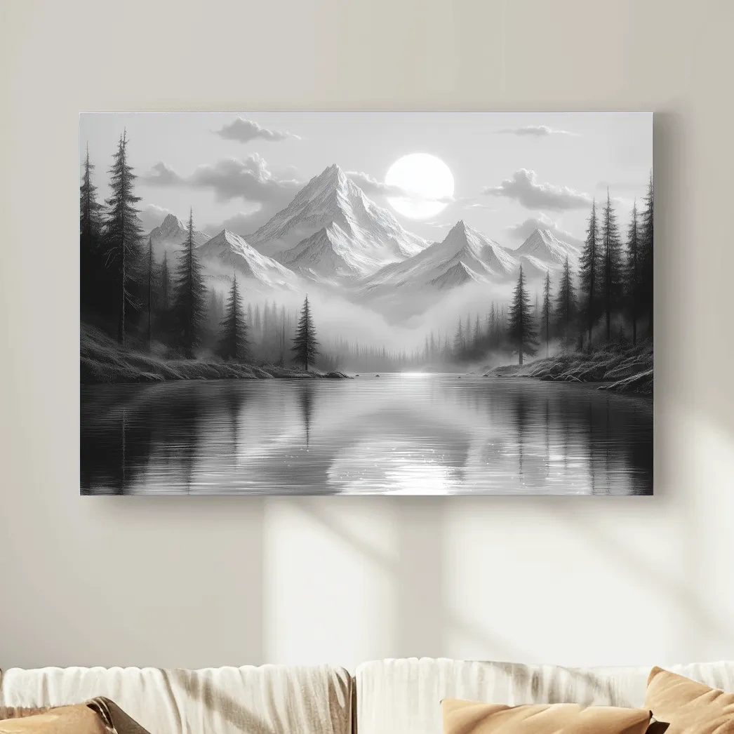 Misty forest and alpine lake beneath a glacier, black and white wall art