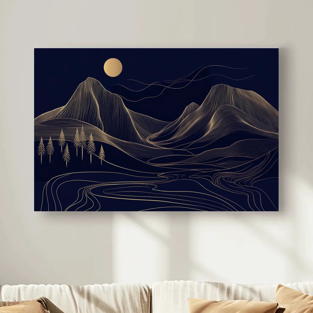 Elegant mountain wall art, gold contour line artwork style