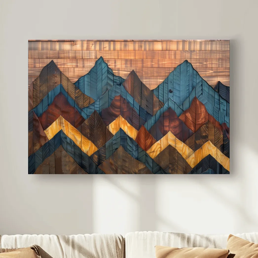 Geometric Wood Grain Mountain Range - Rustic Landscape Artwork