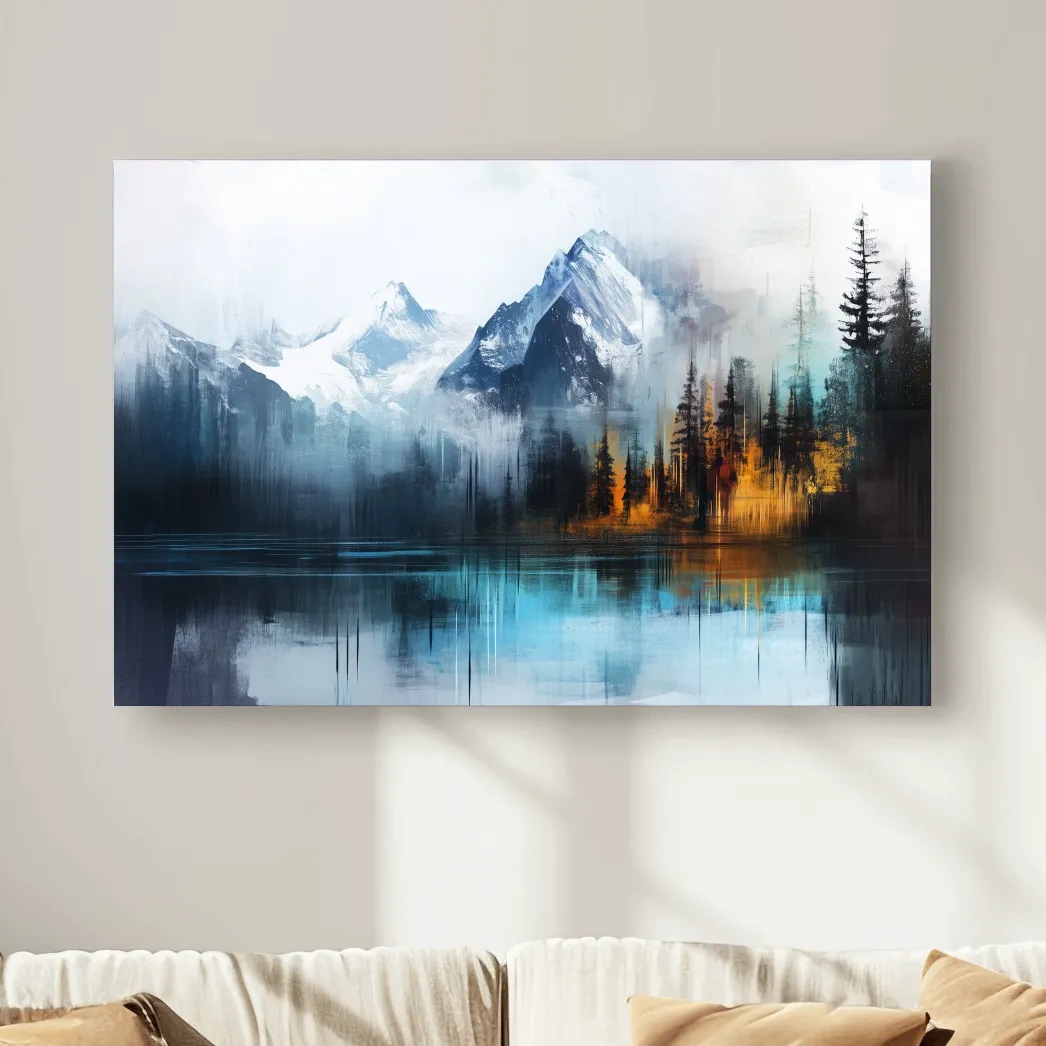 Abstract mountain painting wall art, glacier, lake and forest