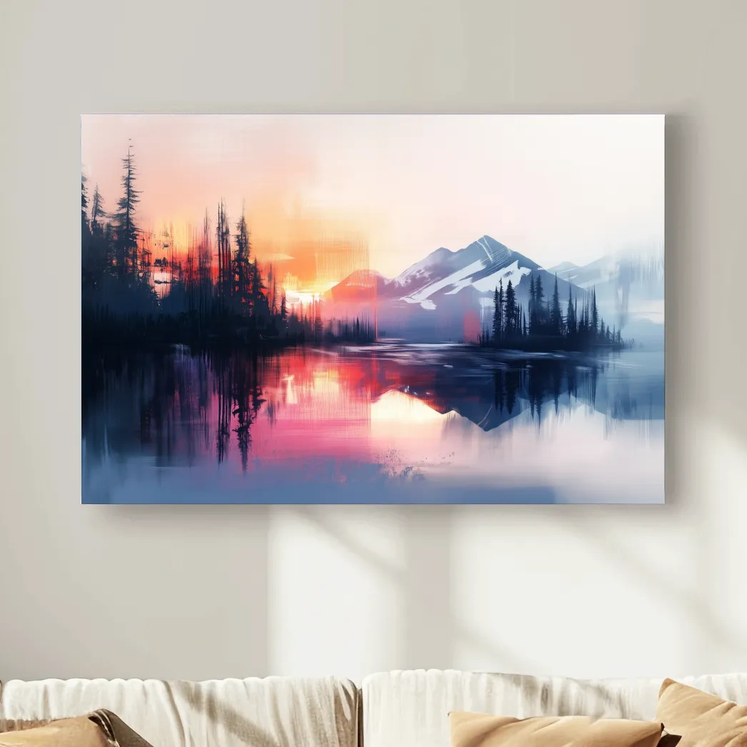 Vibrant Sunset Alpine Mountain Lake Reflection - Abstract Watercolor Forest Wall Art