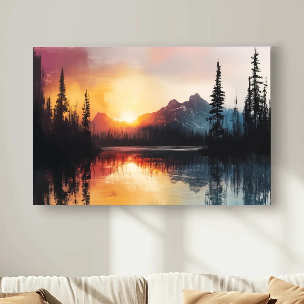Abstract mountain art painting, sunset over a lake and forest