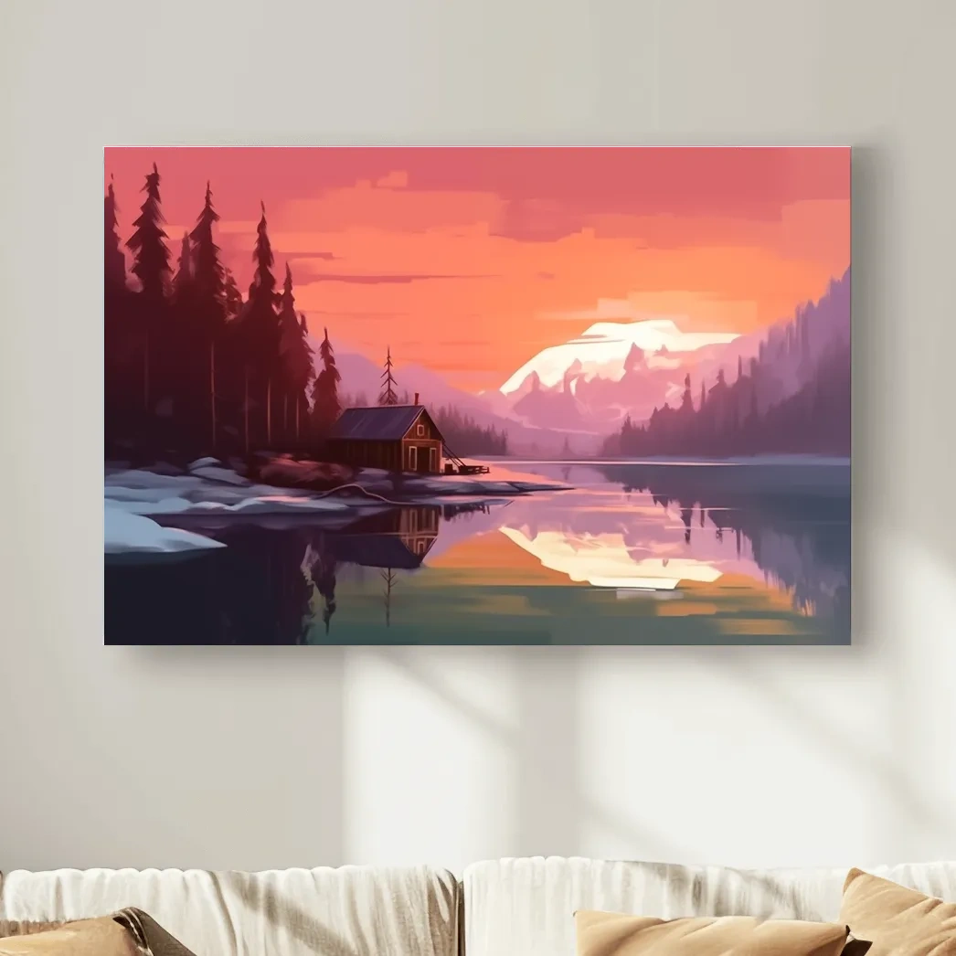 Mountain art painting, cabin by a lake at sunset