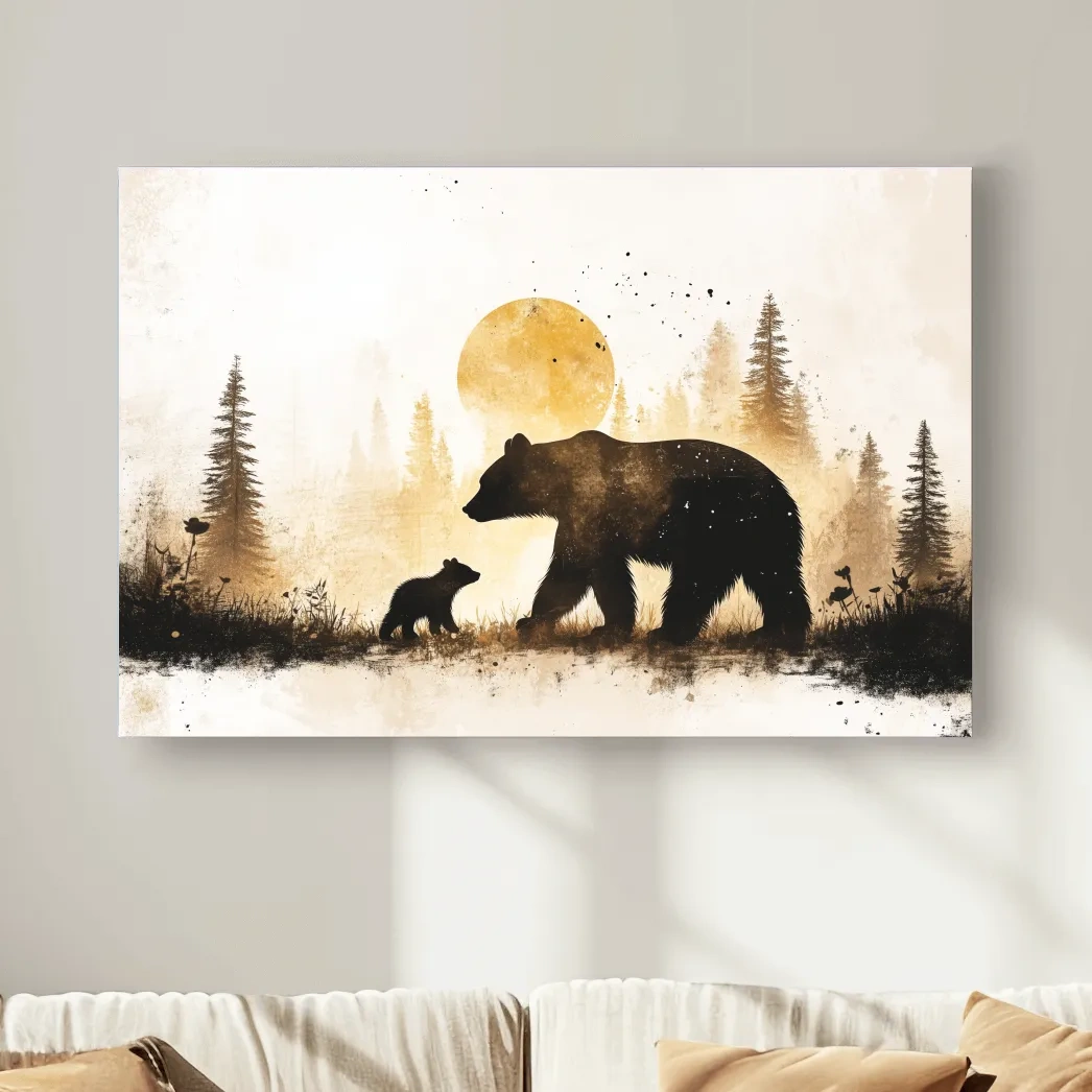 Momma bear and her cub in the forest, textured illustration wall artwork
