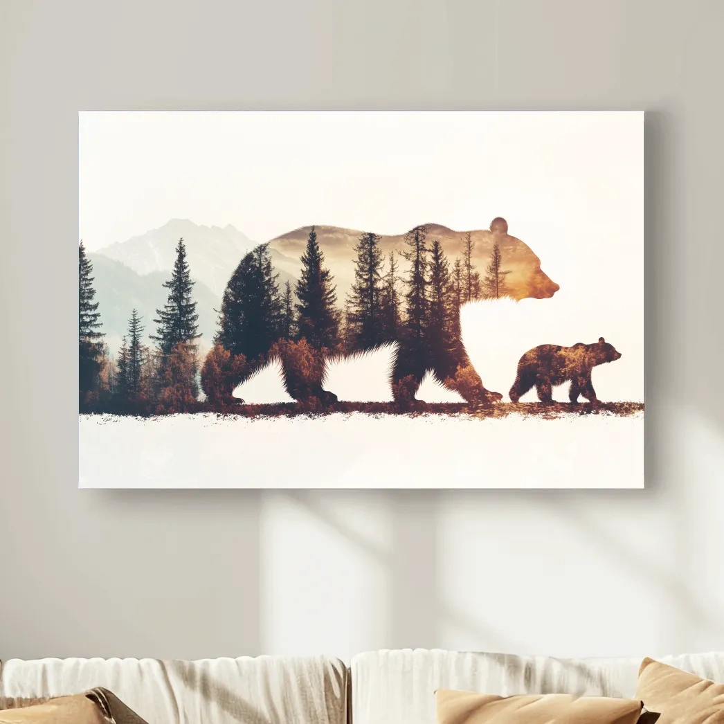 Double exposure forest wall art, momma bear and her cub