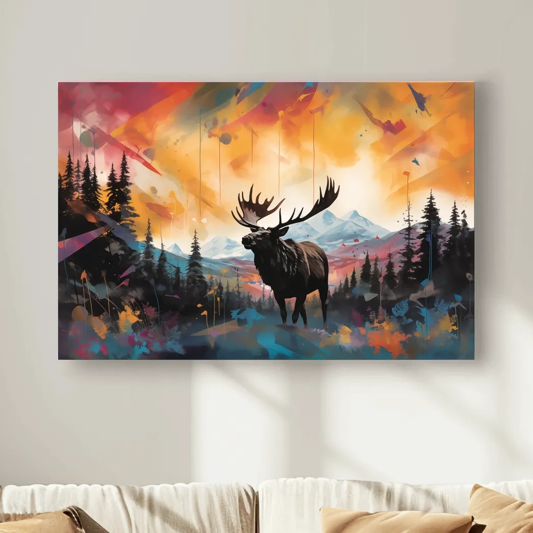 Vibrant Abstract Moose Mountain Painting - Colorful Wildlife Wall Art
