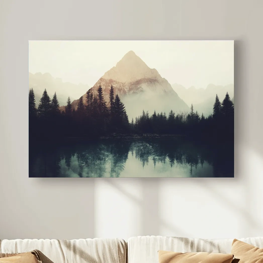 Mountain wall art, silhouetted forest on the lake