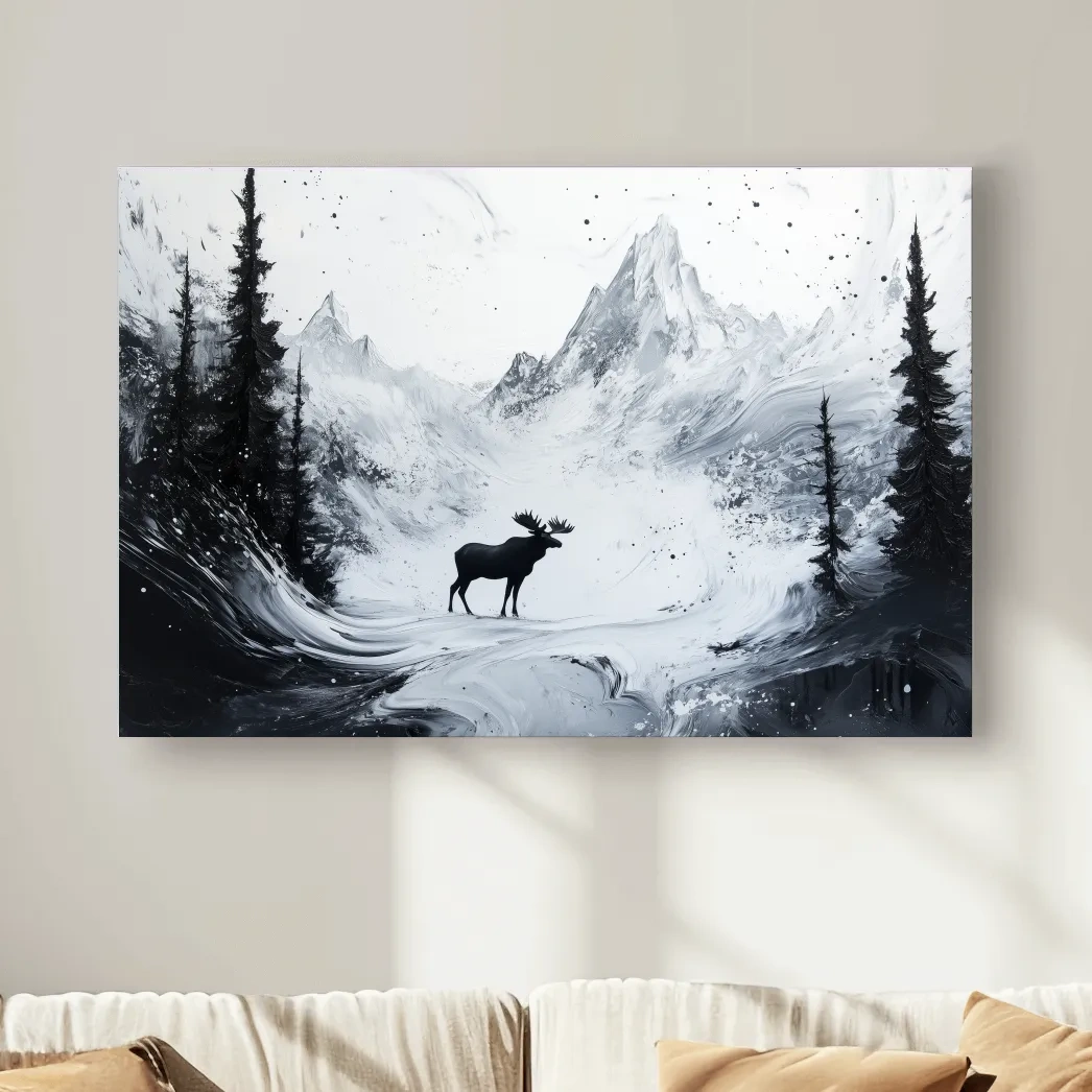 Moose in the alpine meadows, abstract black & white painting