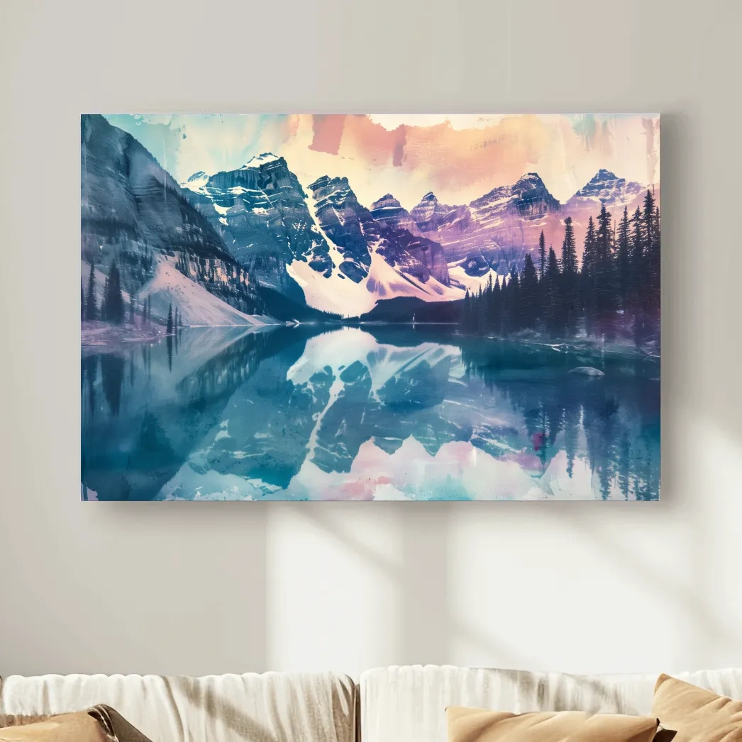 Valley of the Ten Peaks, Moraine Lake Banff. Watercolour painting postcard style mountain artwork
