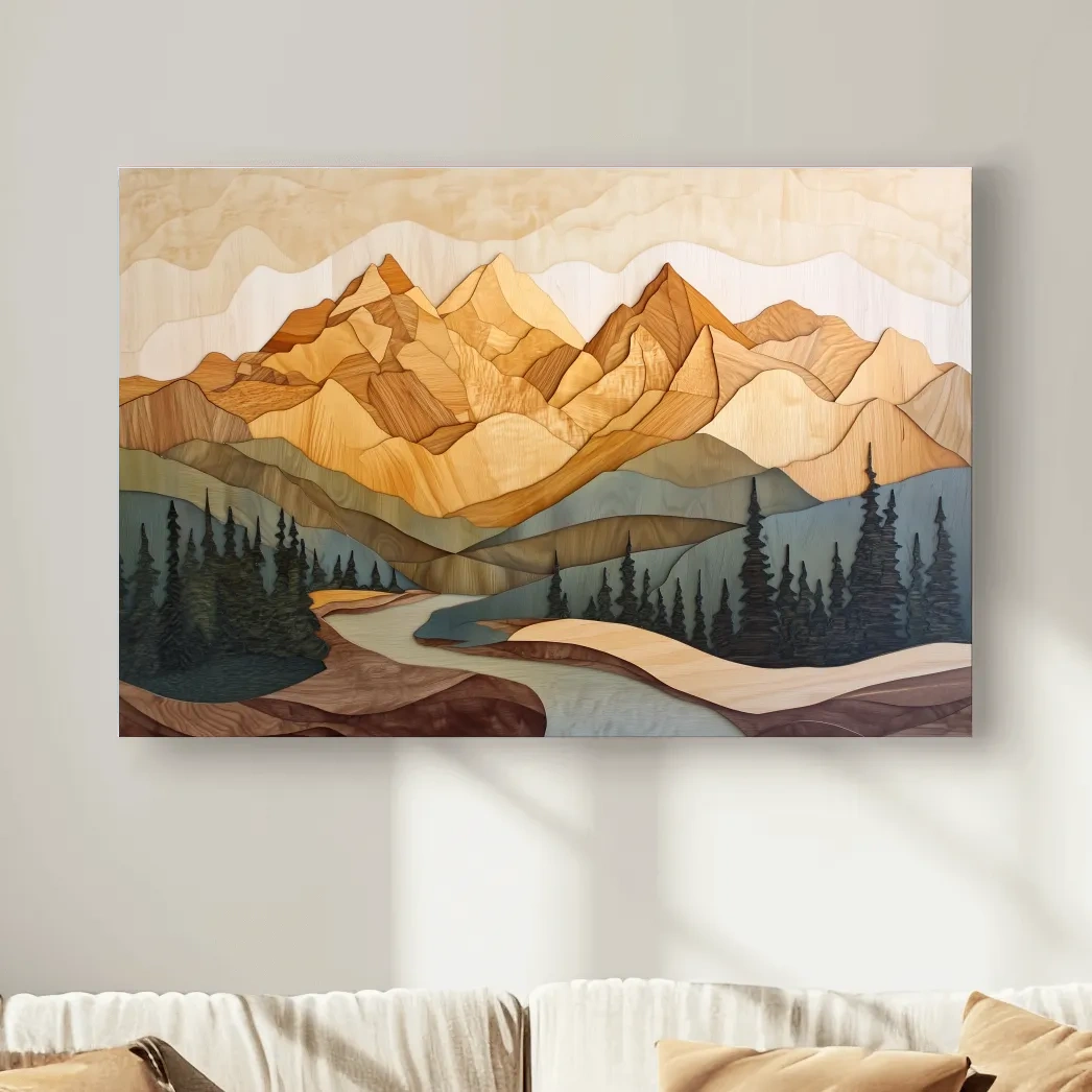 Alpine forest mountain artwork, 3d layered wood intarsia style art
