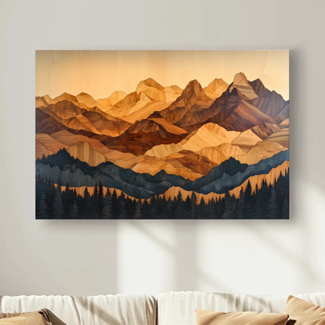 Mountain and forest wall art, 3d wood intarsia style layered wood effect