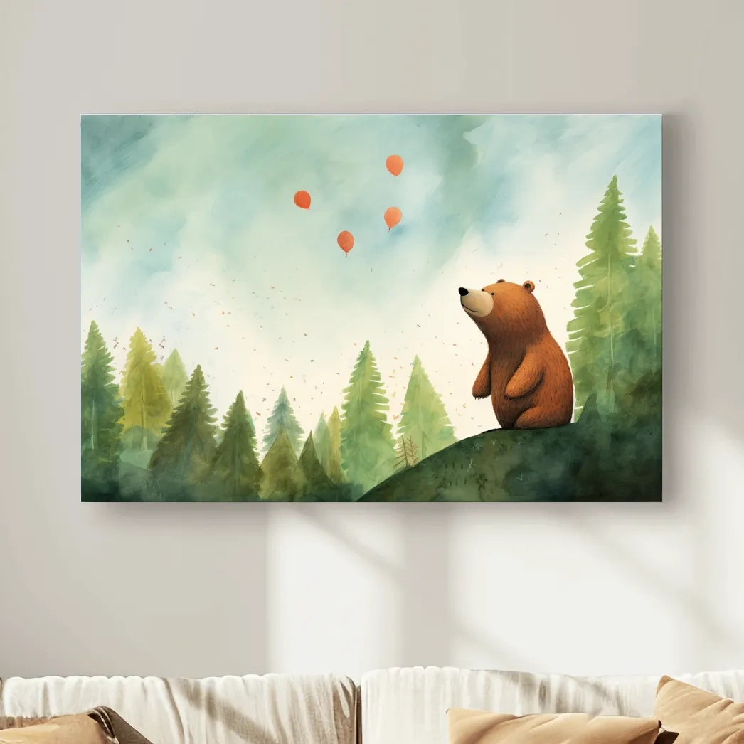 Illustration of a cute happy bear gazing into the sky, nursery wall art
