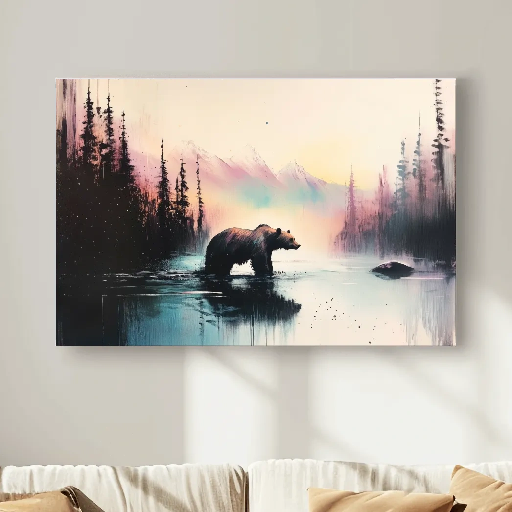 Moody Watercolor Grizzly Bear Lake Reflection - Misty Mountain Wilderness Wall Art