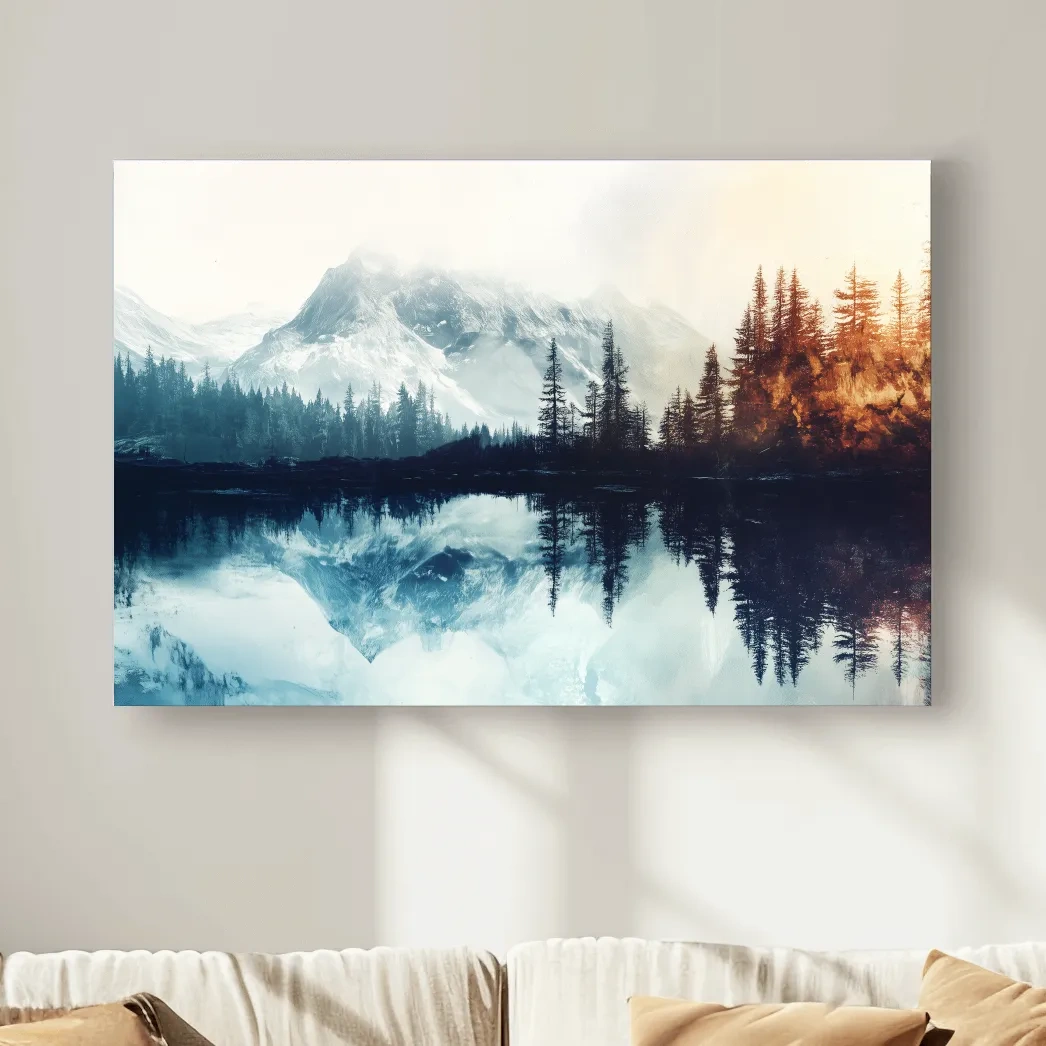 Misty Alpine Lake Reflection Landscape - Mountain Forest Sunrise Wall Art