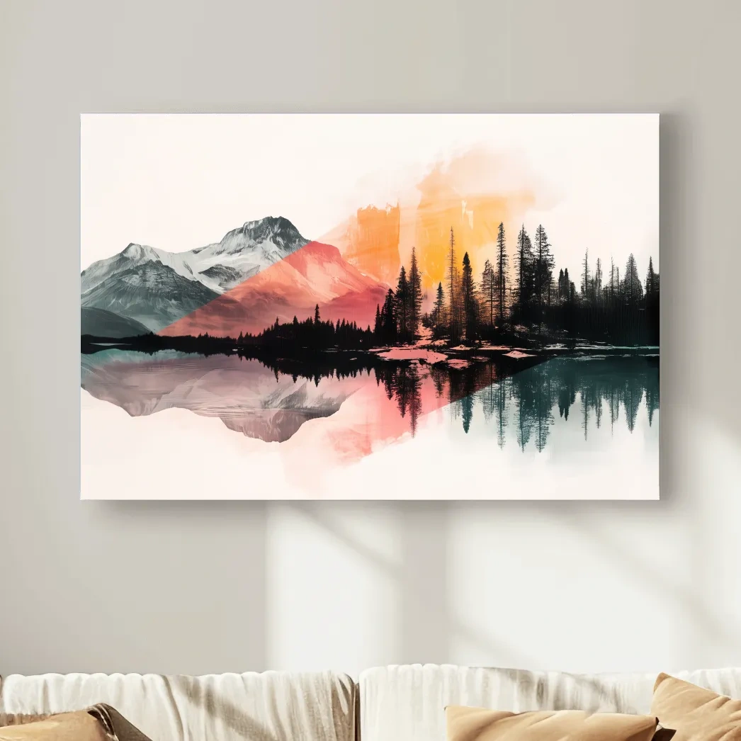 Modern abstract mountain wall artwork painting, glacial lake and forest, vibrant textured style
