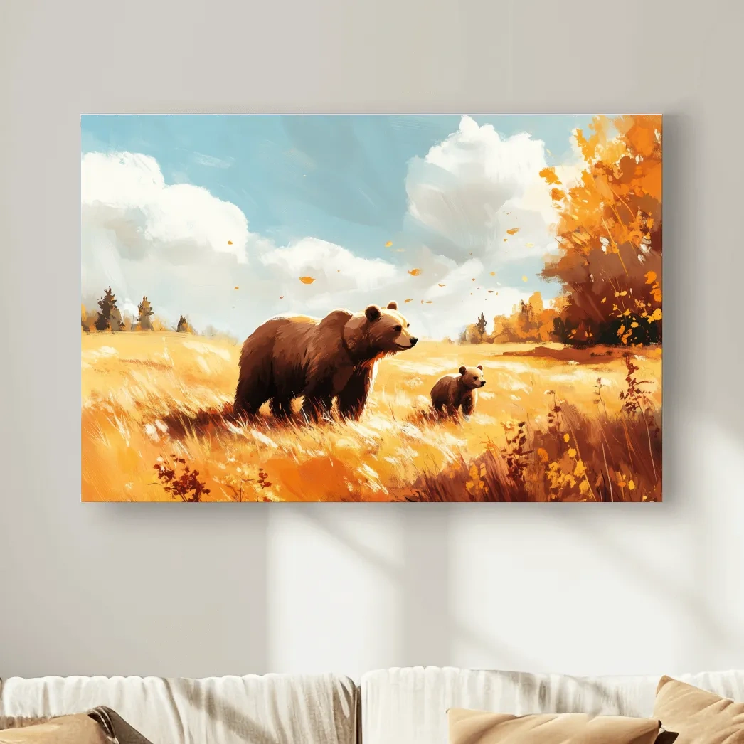 Autumn wildlife wall art, mother bear and cub in a golden meadow, painterly and impressionism style