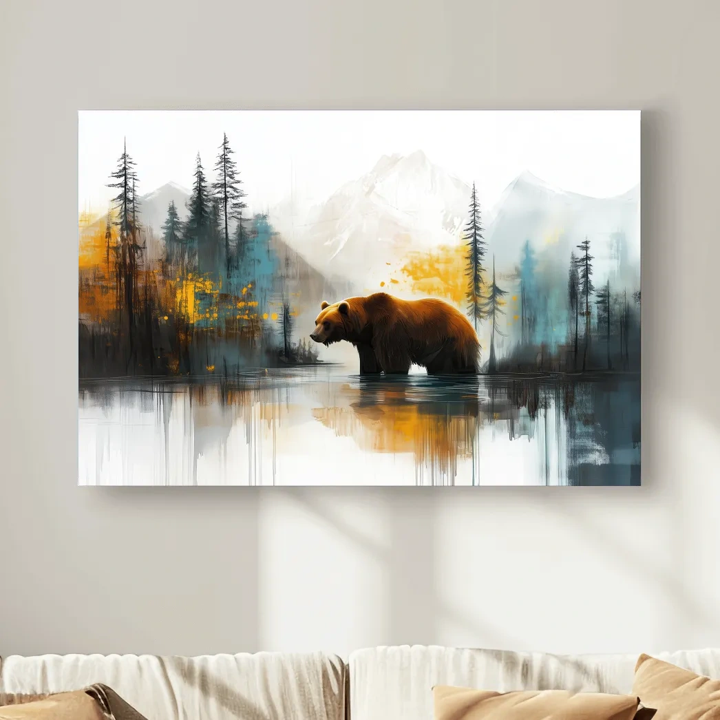 Grizzly bear textured wall art, colorful abstract painting artwork