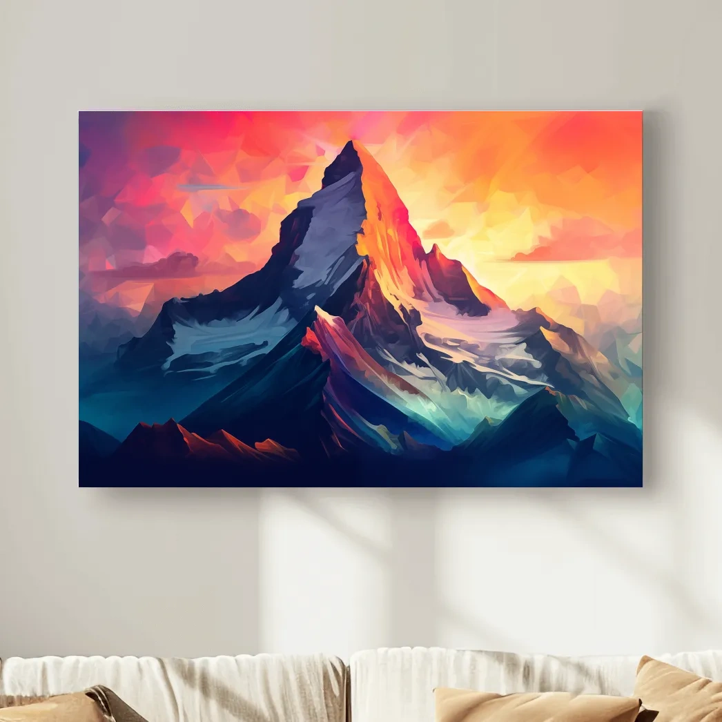 Vibrant Geometric Alpine Peak Sunrise - Modern Abstract Mountain Wall Art