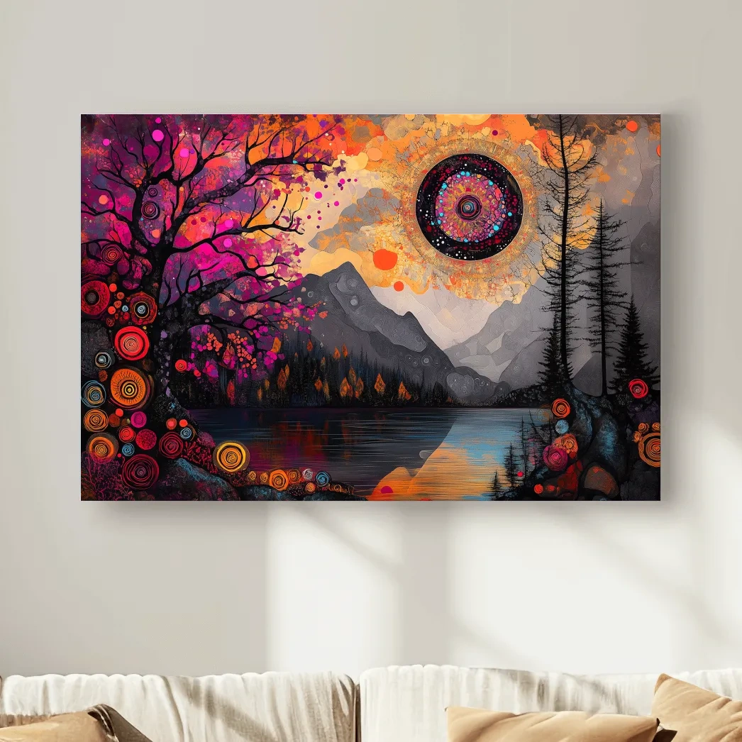Psychedelic Mountain Lake Sunset Mandala - Vibrant Surreal Landscape Wall Art