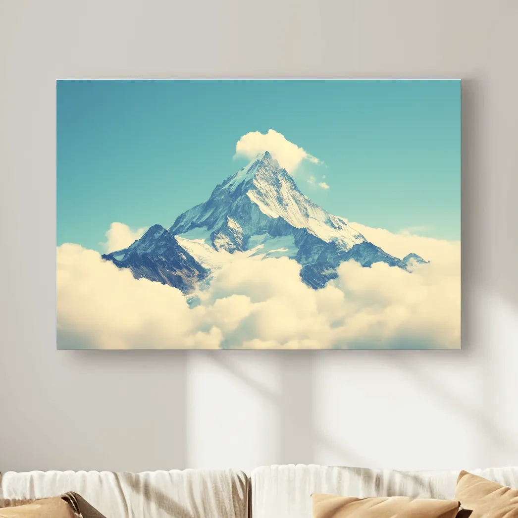 Minimal painting of a mountain peak emerging through clouds, serene artwork with soft blue sky