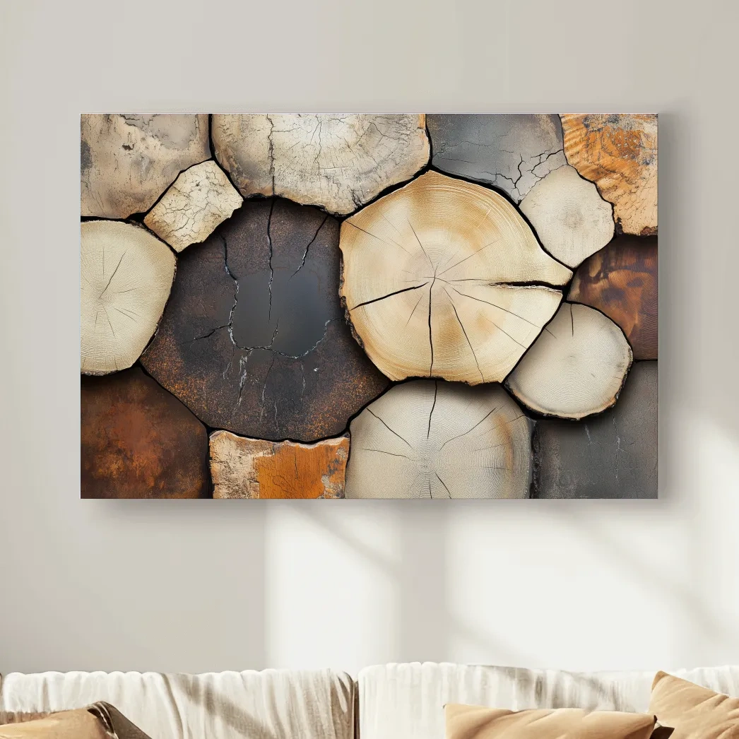 Rustic cut wooden log wall artwork, cracked texture effect canvas art