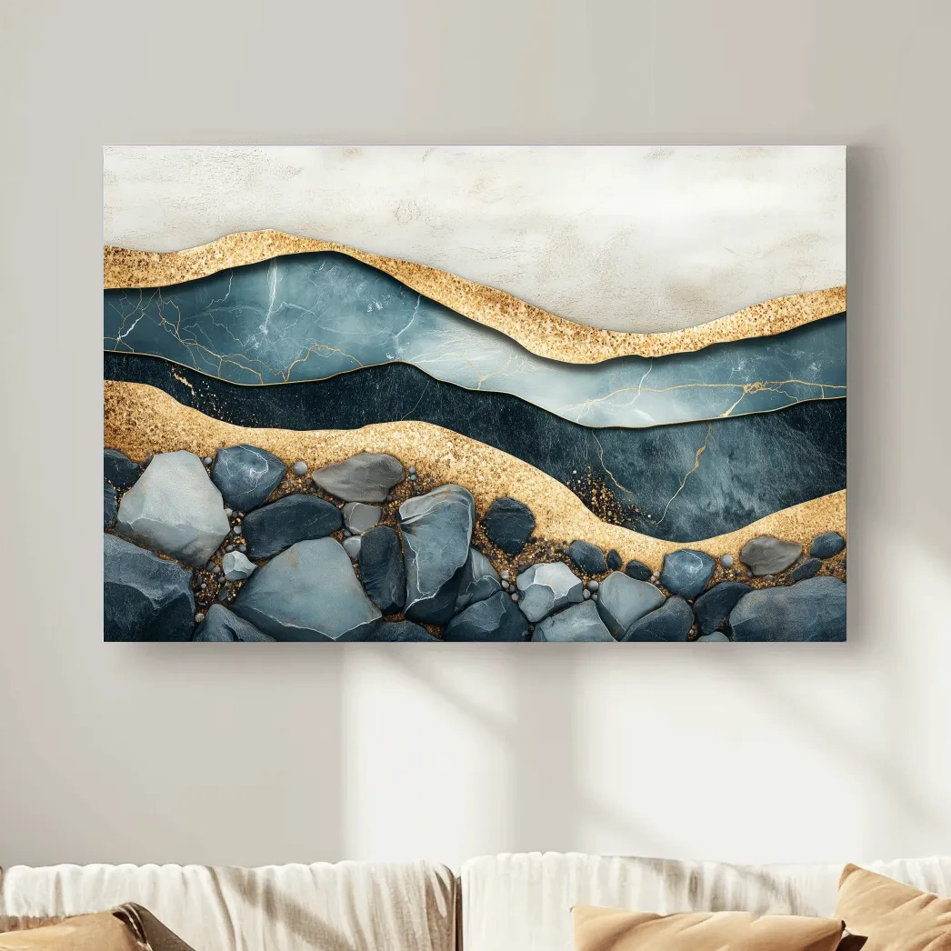 Luxury Teal Gold Marble Geode Layers - Modern River Rock Wall Art