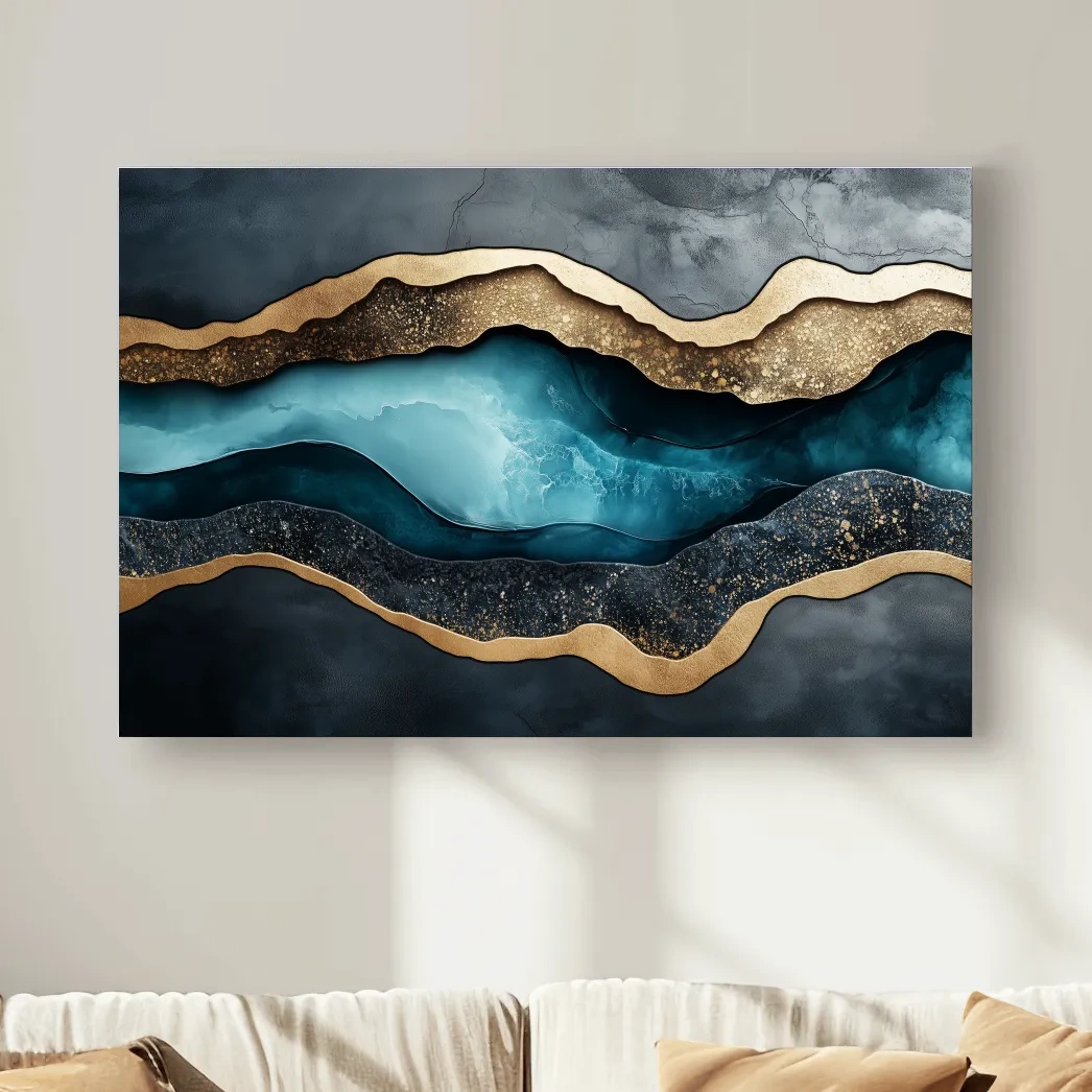 3D Natural Geode Resin Abstract Layers - Modern Gold Foil Texture Wall Art