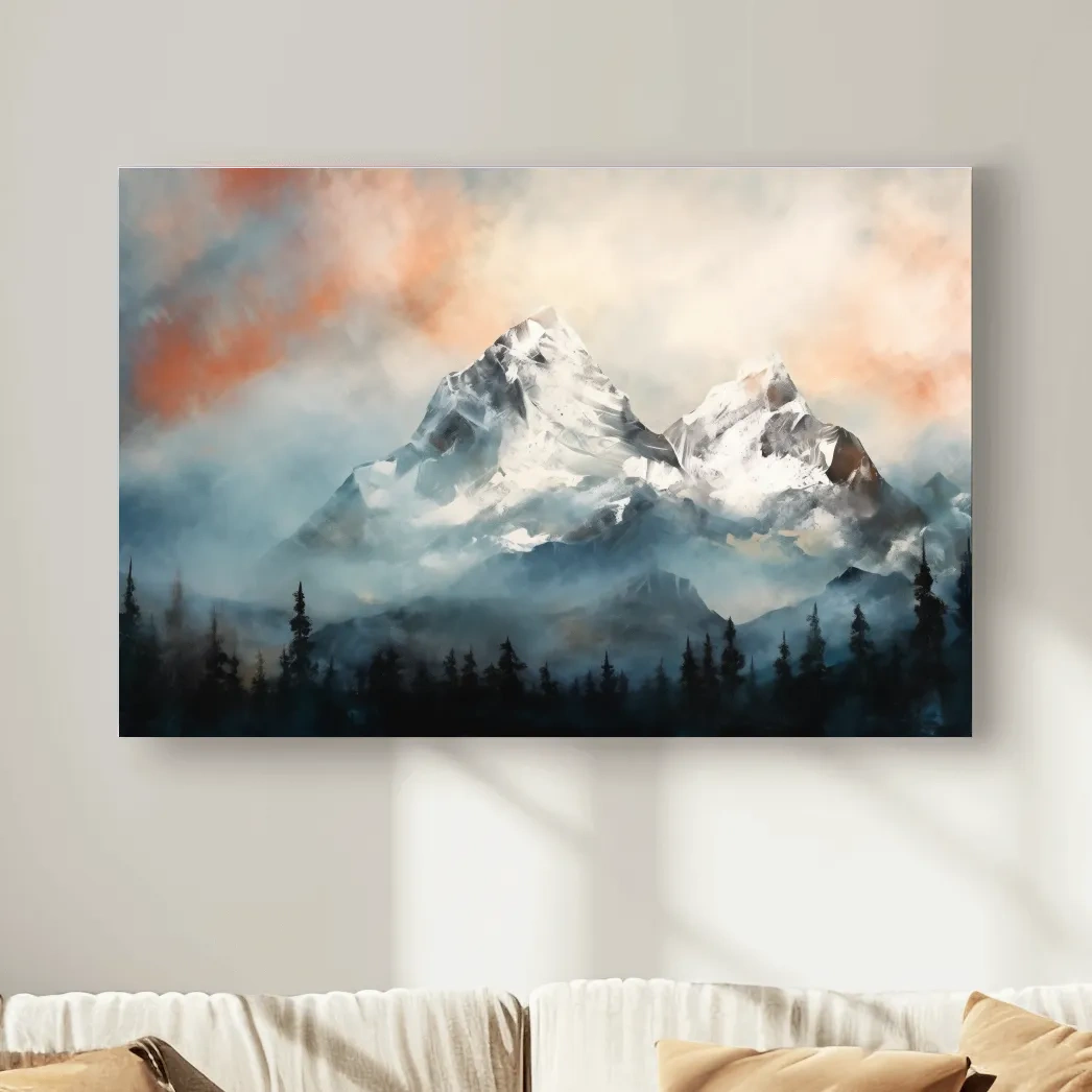 Misty Snowcapped Mountain Peaks Painting - Alpine Sunset Wall Art