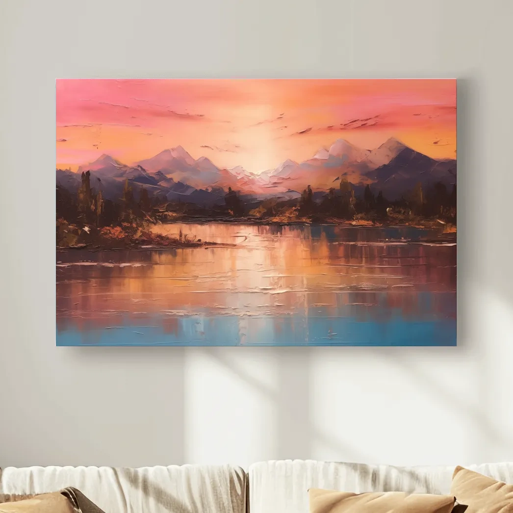 Sunset mountain lakeside painting, textured effect oil painting wall art print