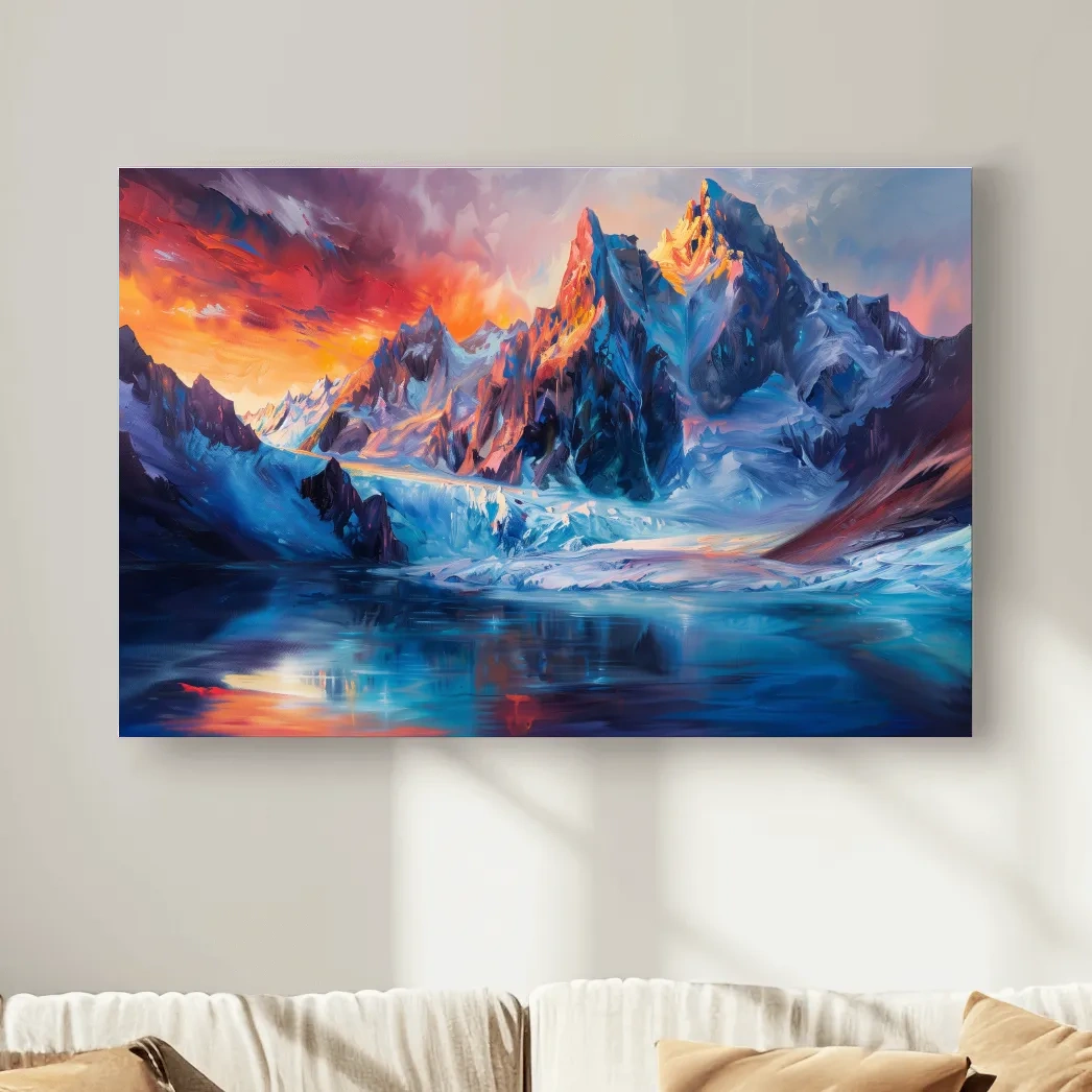 Abstract painting of an alpine glacier lake at sunset, mountain wall art