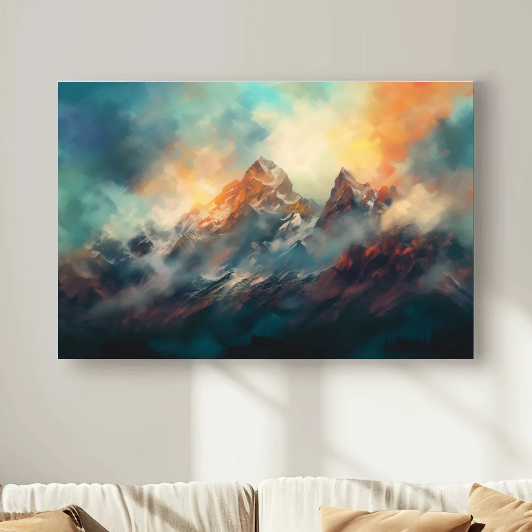 Abstract Sunrise Mountain Peaks Painting - Colorful Alpine Landscape Wall Art