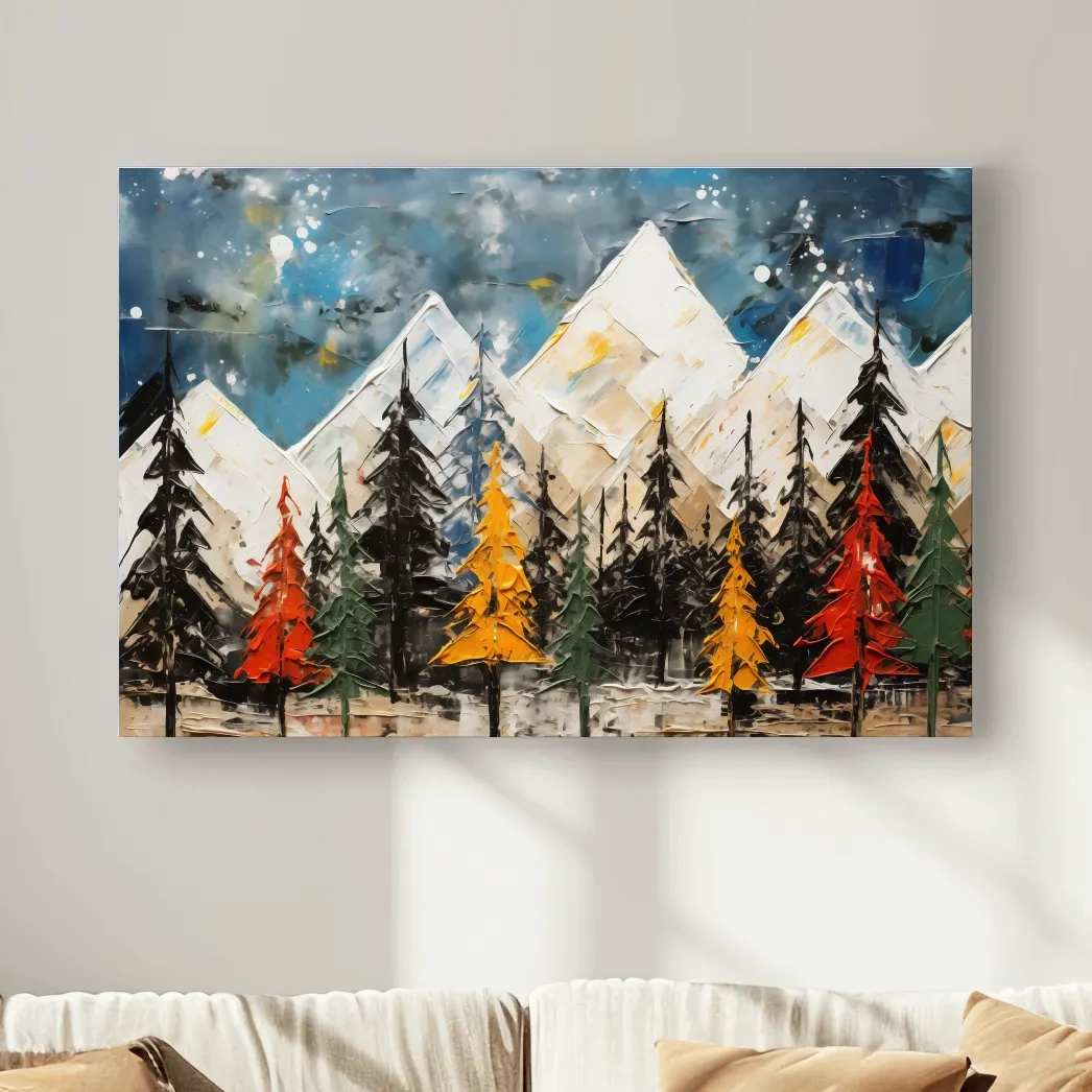 Textured Abstract Oil Painting Style Mountain Forest - Colorful Autumn Pines Landscape Wall Art