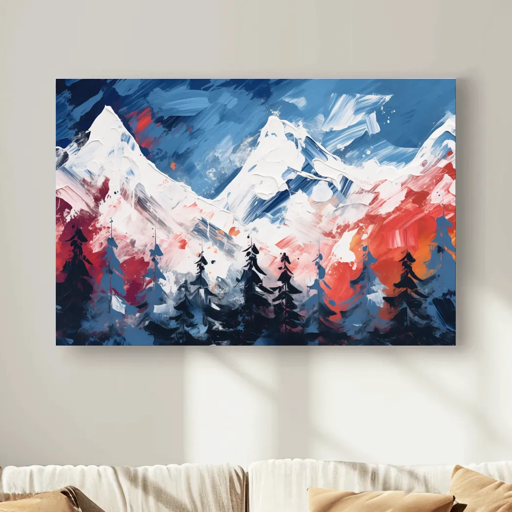 Vibrant Abstract Snowcapped Mountain Peaks - Bold Alpine Forest Landscape Art
