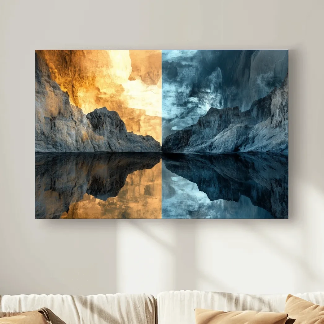 Dual tone mountain landscape artwork, fiery sunset and cool twilight reflection