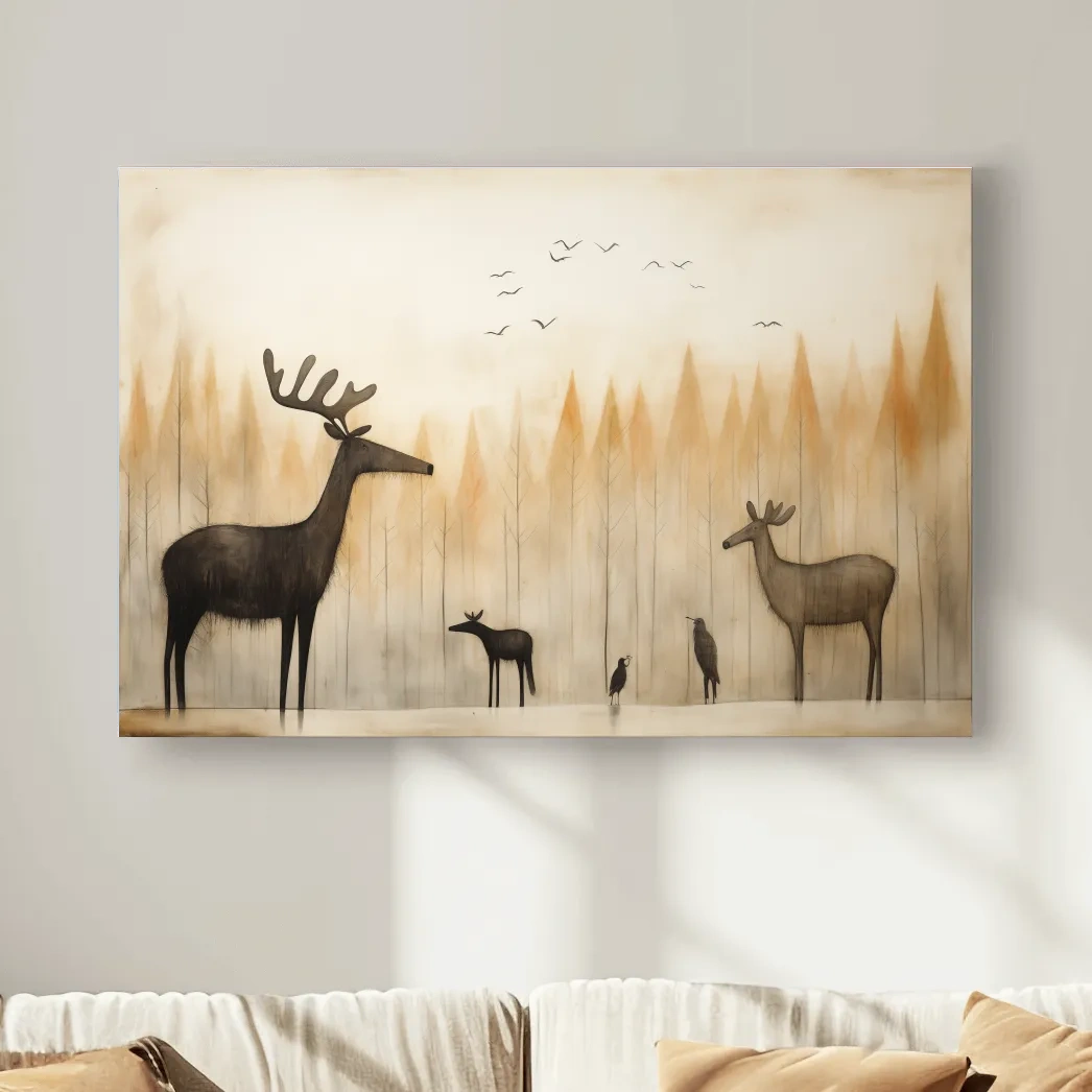 Minimalist Woodland Deer Family Illustration - Scandinavian Nursery Forest Wall Art