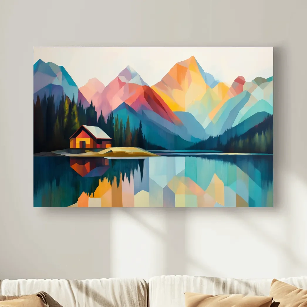Colorful mountain cabin artwork, geometric landscape wall art