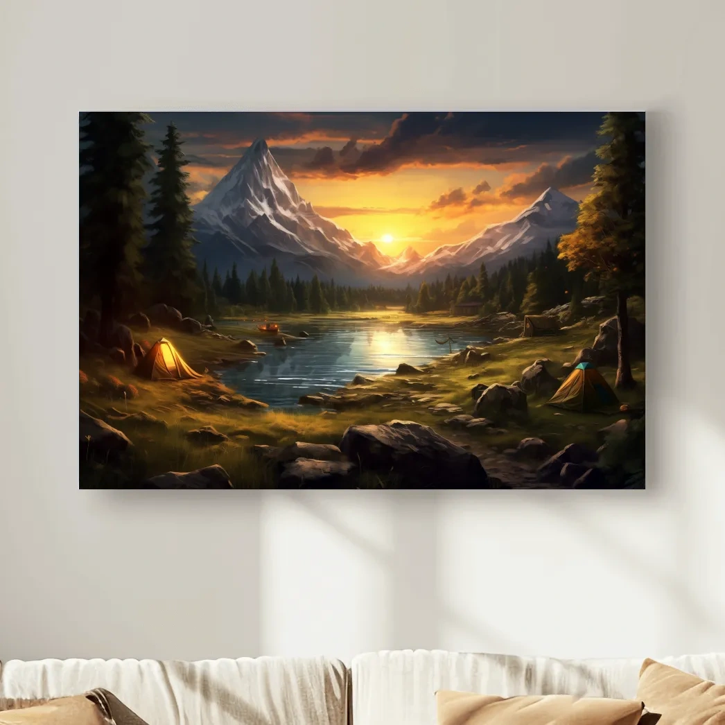 Painting of an alpine campsite by a lake at sunset, serene wall artwork