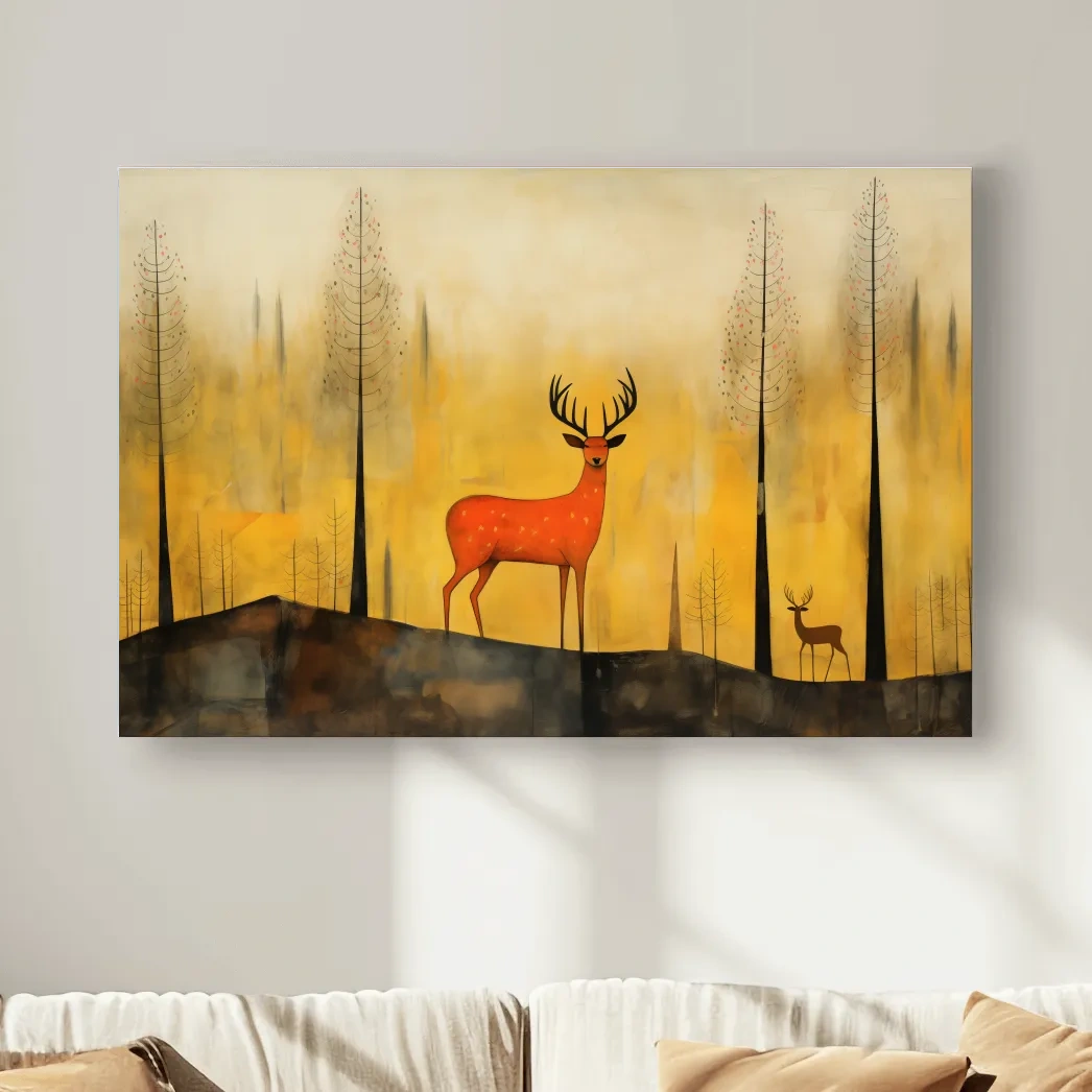 Whimsical Deer In Autumn Forest - Golden Woodland Landscape Wall Art