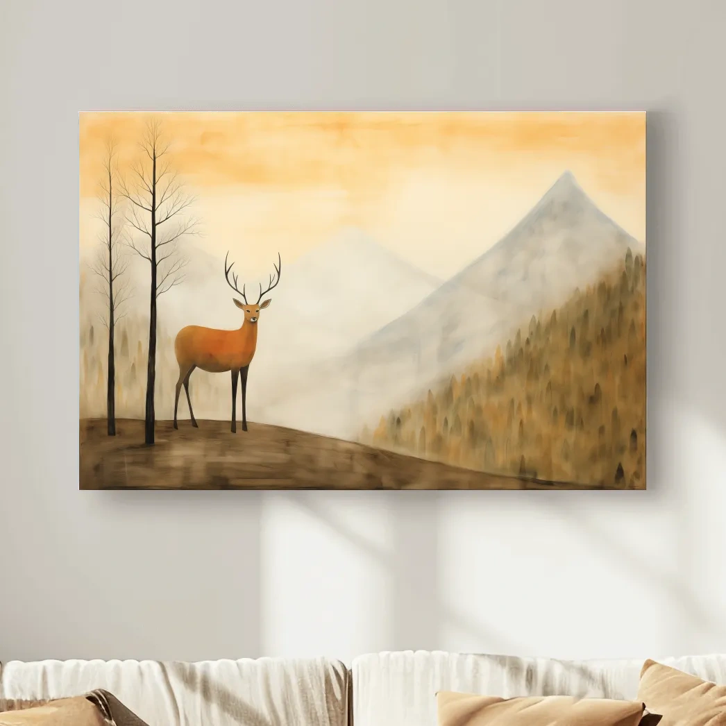 Deer standing in mountain mist, serene landscape wall artwork
