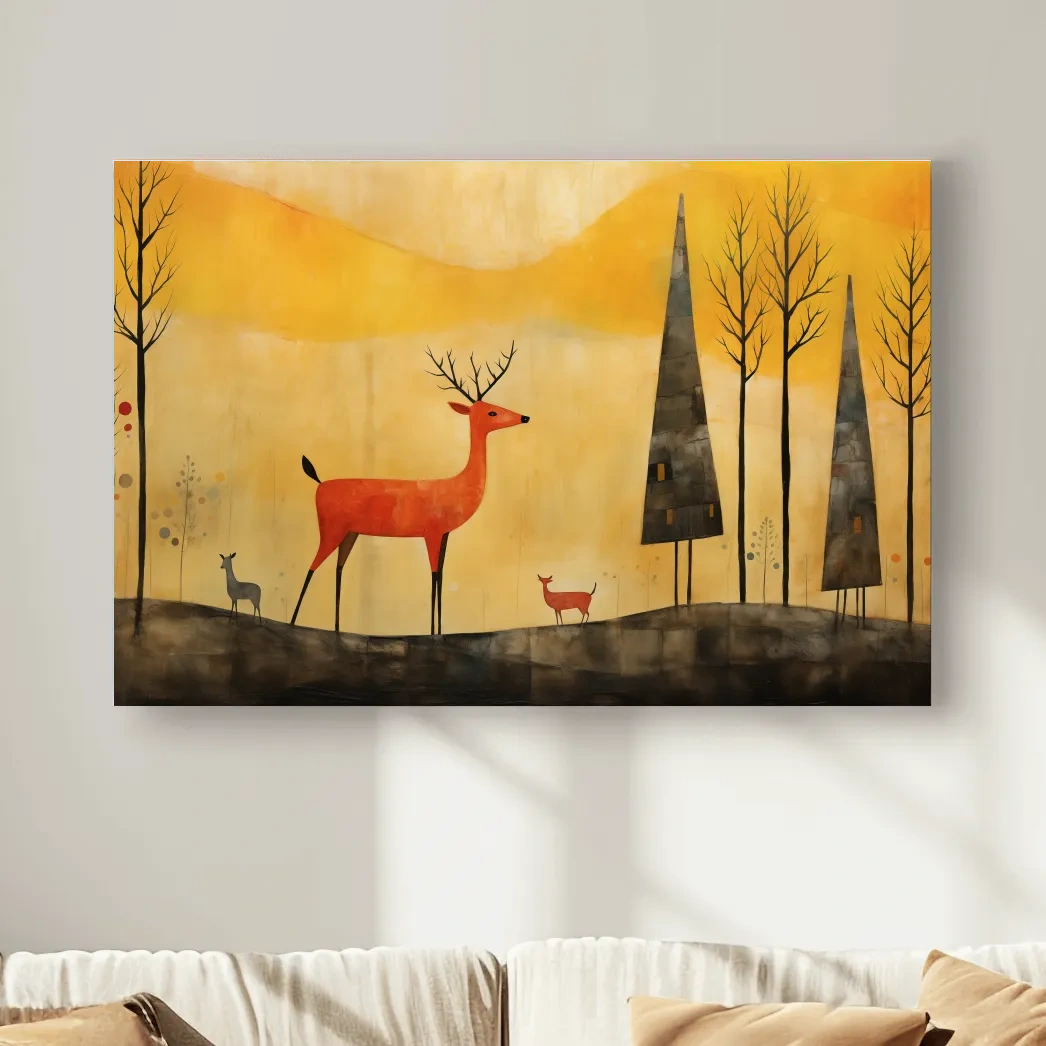 Whimsical Deer Forest Illustration - Autumn Woodland Landscape Wall Art