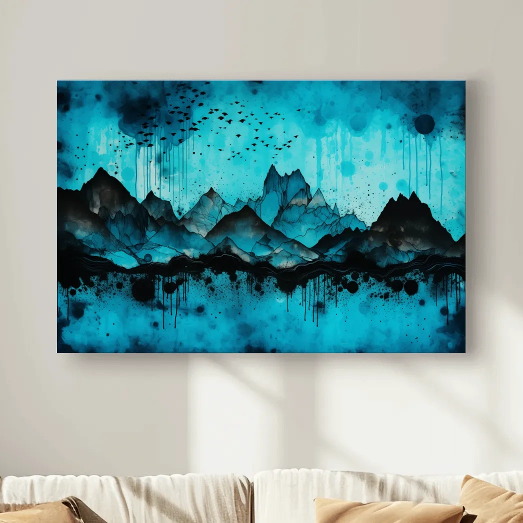 Abstract mountain landscape artwork, watercolor ink splatter design