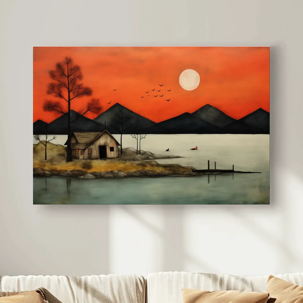 Rustic lakeside cabin art at sunset, textured effect wall art painting
