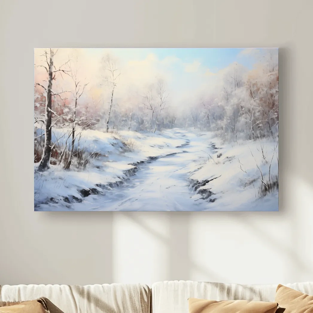 Winter landscape artwork, serene snowy forest path with soft pastel sky