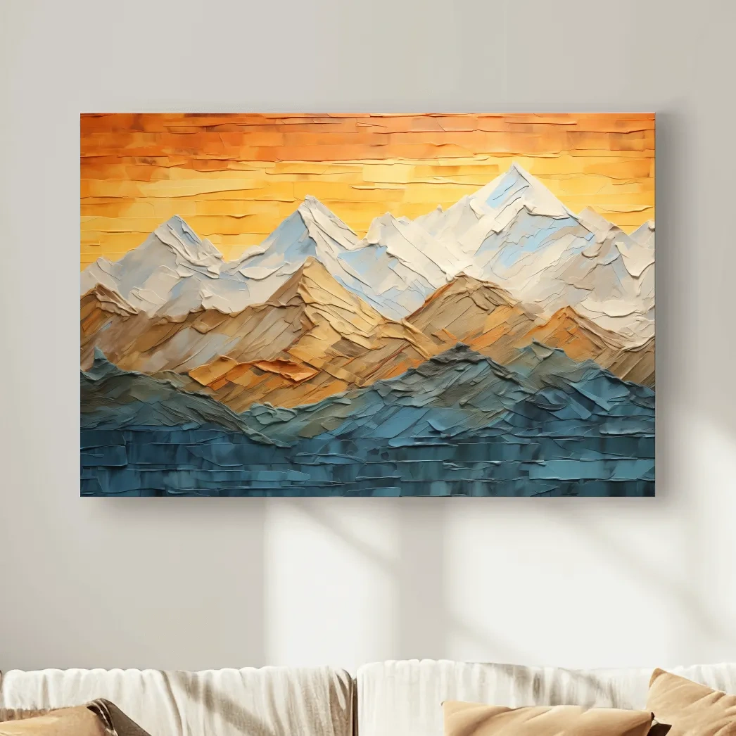 Glacier sunset mountain art, textured pallet knife painting effect