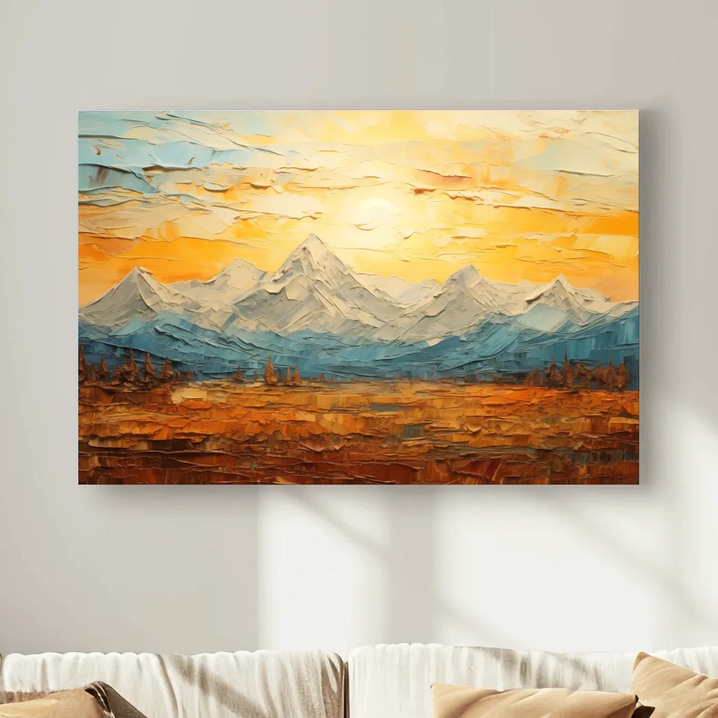 Glacier sunset mountain painting artwork, textured impasto effect