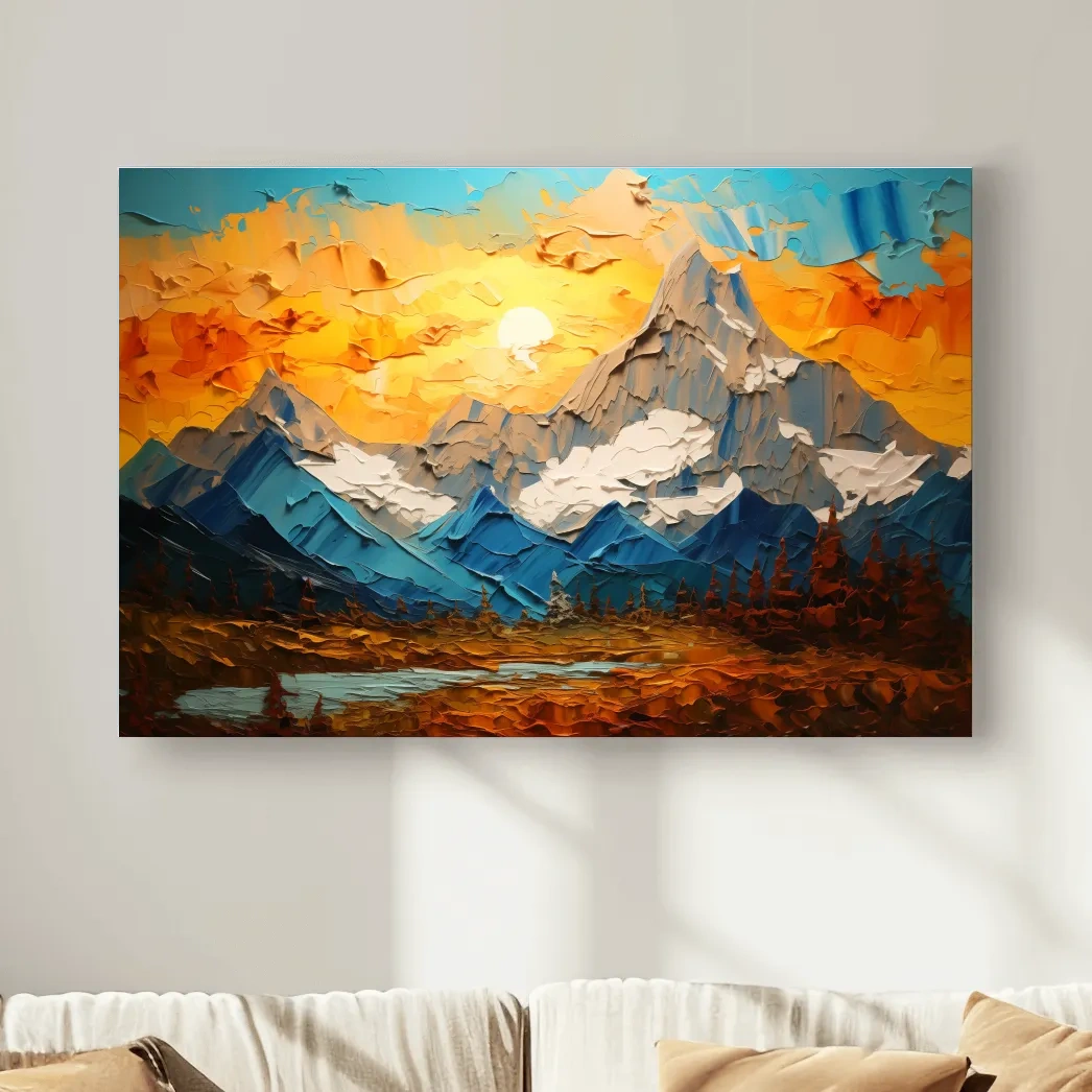 Colorful sunset mountain art, thick textured palette knife painting effect print