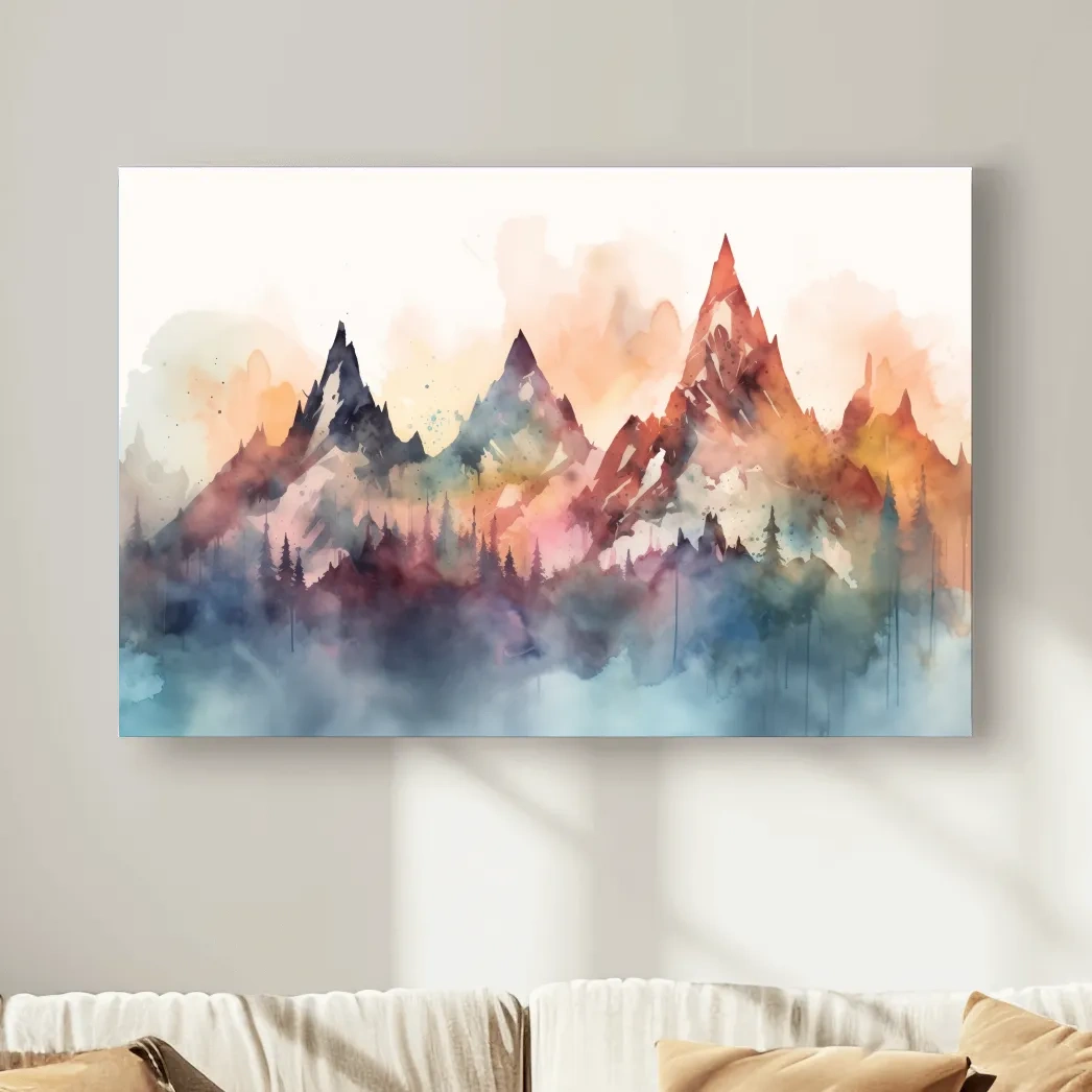 Colorful watercolor mountain wall art, serene misty landscape painting