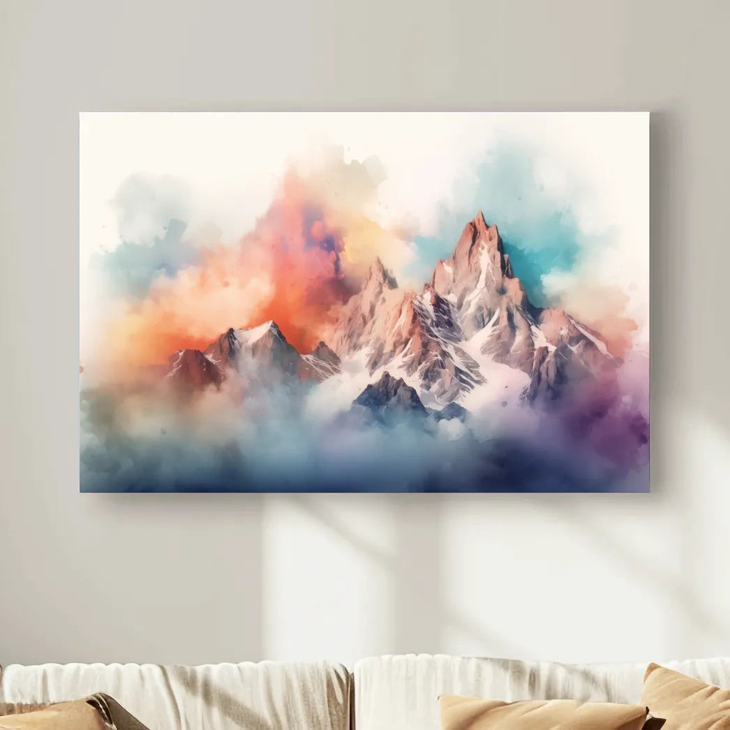 Abstract colourful mountain artwork, vibrant effect with clouds and peaks